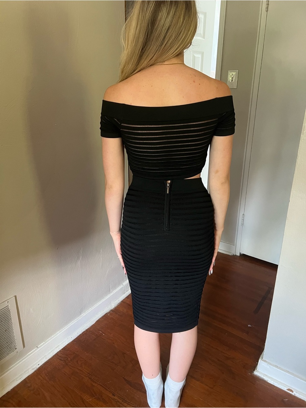 bebe Black Off-Shoulder Two-Piece Bodycon Dress